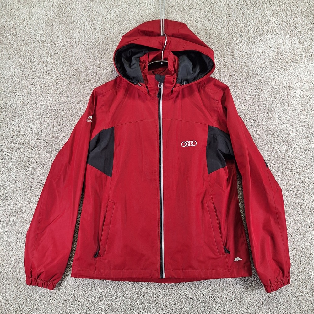 Audi Roots 73 Sports Jacket Women Medium Red Black Mesh Lined Hooded Full Zipper